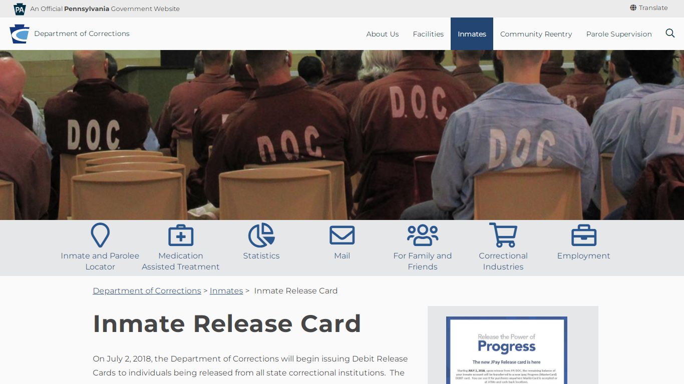 Inmate Release Card - Department of Corrections